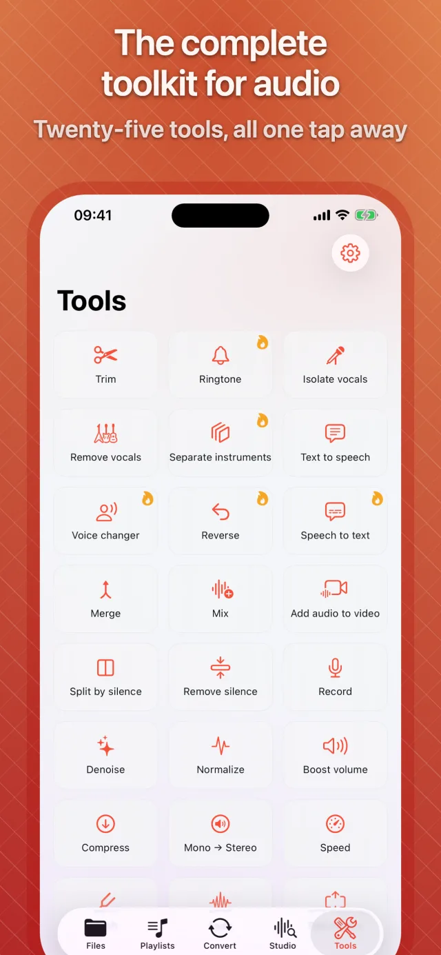 The Tools screen with all twenty-five audio tools