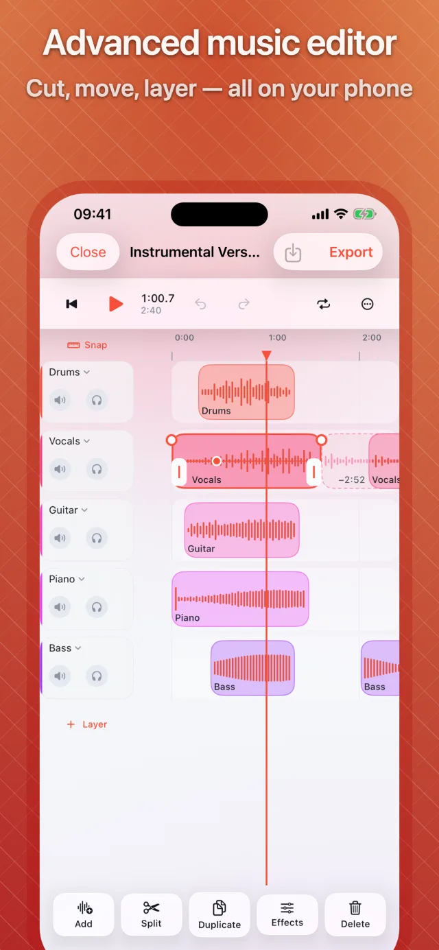 The Studio editor with drums, vocals, guitar, piano and bass on separate layers