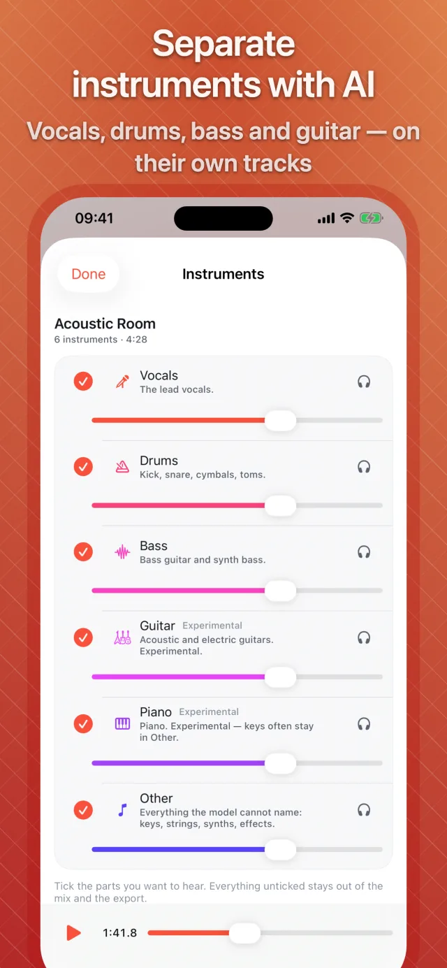 Separated instruments — vocals, drums, bass, guitar, piano and other