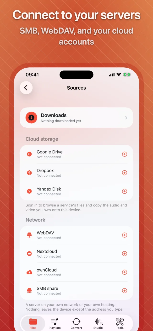 Sources — Google Drive, Dropbox, Yandex Disk, WebDAV, Nextcloud, ownCloud and SMB
